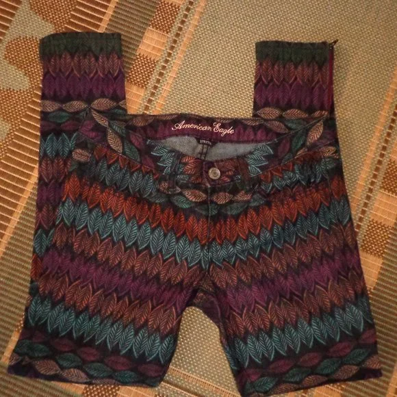 American Eagle Outfitters Stretch Jeggings 4 Leaf/Feather Multicolored Zip Leg - Picture 14 of 16